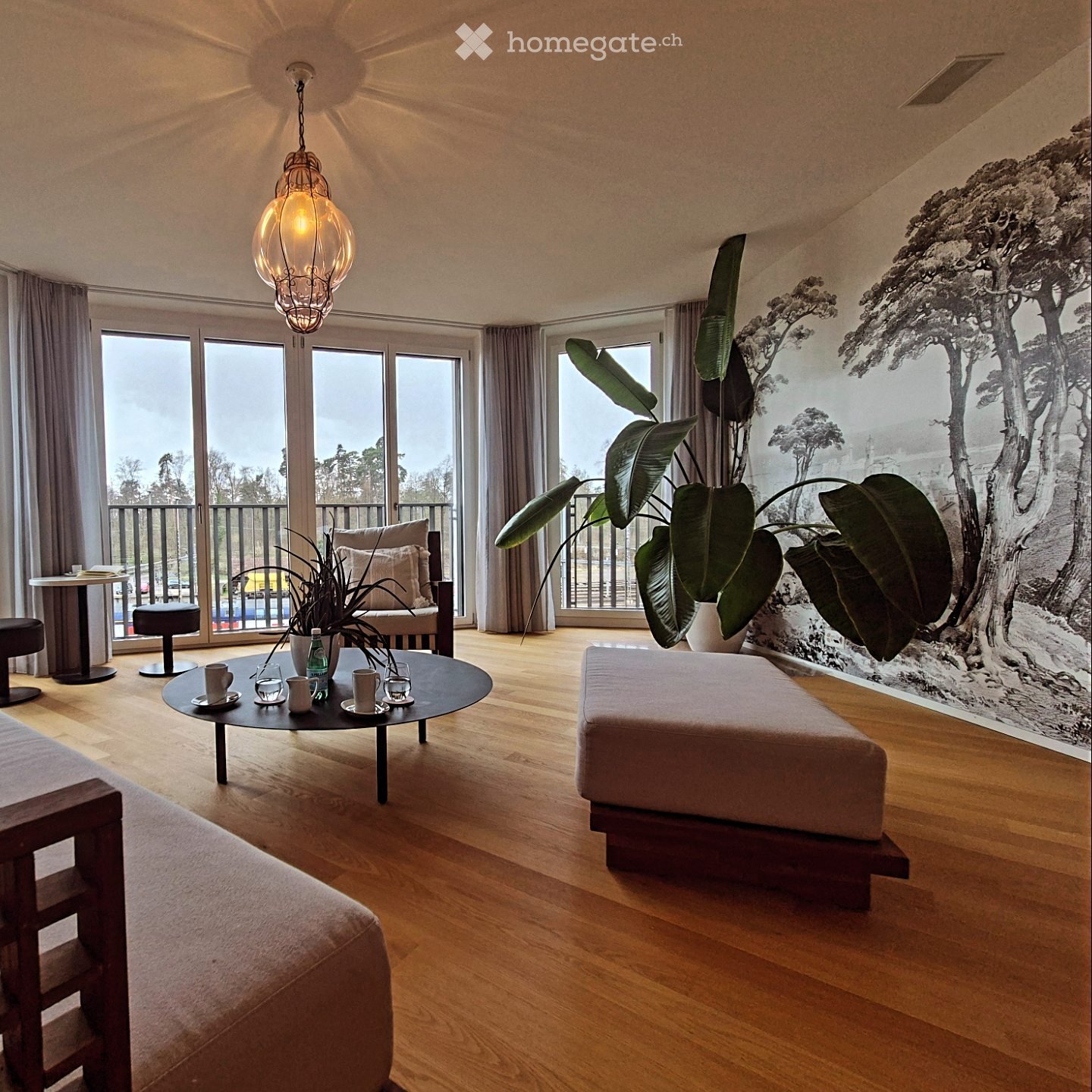Modern living room with wooden flooring, large windows, a balcony, a sofa, coffee table, and decorative plants.