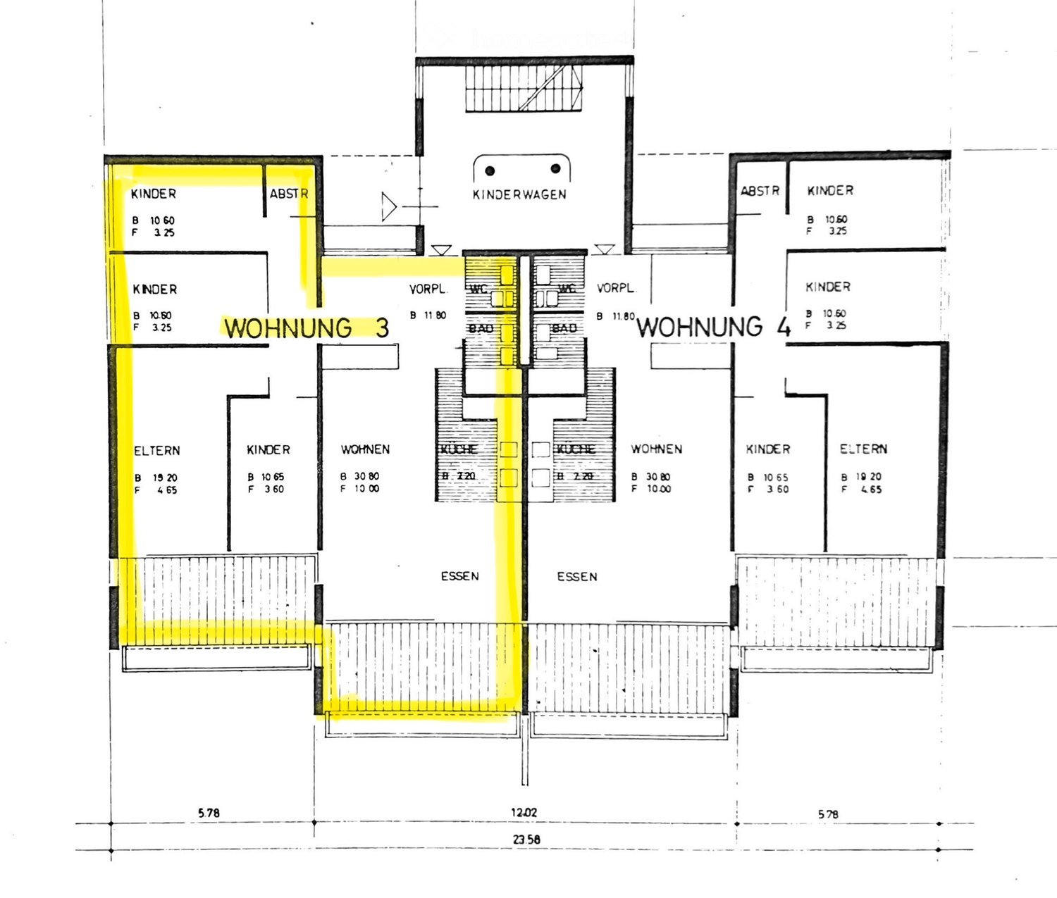 Floor plan showing two apartments (Wohnung 3 and Wohnung 4) with labeled rooms including bedrooms, bathrooms, kitchen, and living areas. Dimensions and room labels are provided.