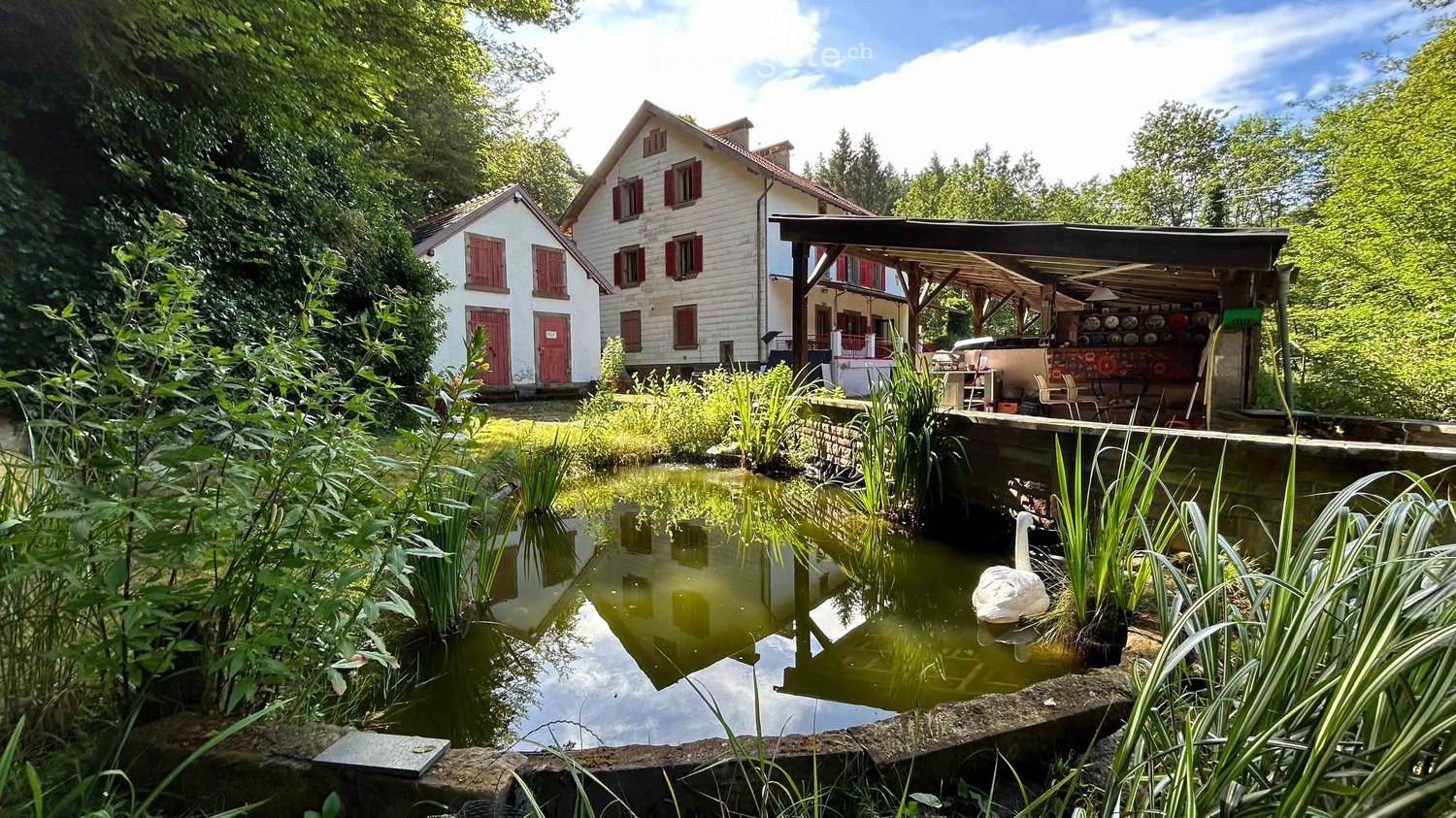 A serene garden area with a pond, swan sculpture, lush greenery, and a rustic wooden structure with outdoor seating. The background features a traditional white house with red shutters and a covered patio area.
