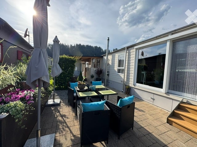 A sunny patio area with outdoor furniture, including a table and chairs, surrounded by greenery and a view of a house with large windows.