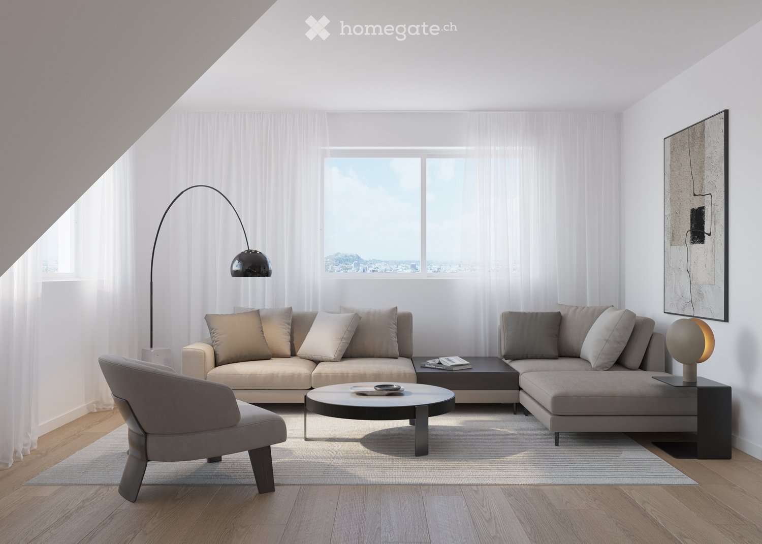 Modern living room with a sectional sofa, coffee table, armchair, floor lamp, table lamp, and artwork on the wall. Large windows with sheer curtains provide natural light.