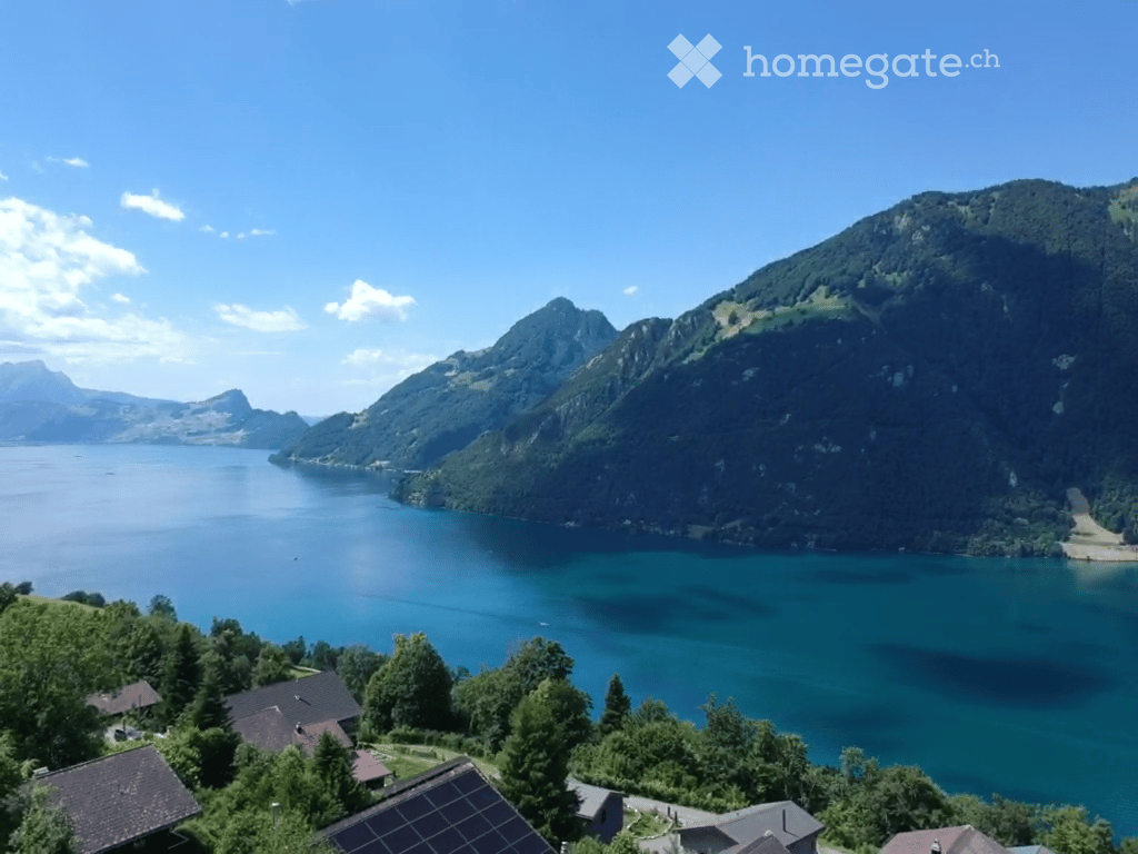 Panoramic view of a serene lake surrounded by lush green mountains under a clear blue sky. The foreground shows a small settlement with houses and trees.