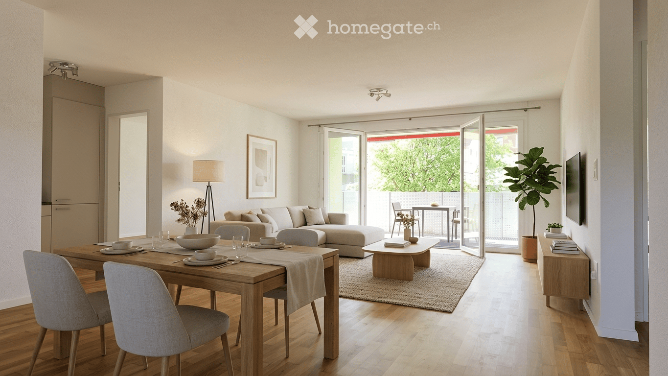 Modern living and dining area with a sofa, coffee table, dining table, chairs, lamp, and a view to a balcony with outdoor furniture.