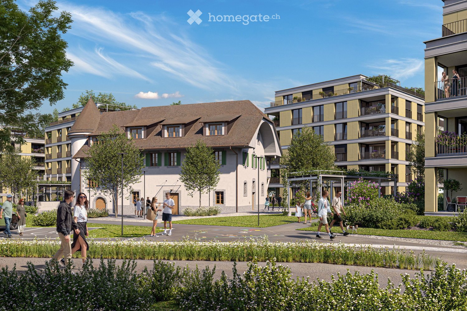 A modern residential complex with a mix of contemporary and traditional architectural styles, featuring multiple buildings, balconies, greenery, and a central walkway with people walking.