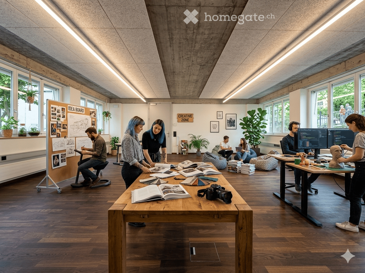 Modern, open-plan office space with large windows, wooden flooring, and contemporary furniture. People are working at desks with computers, surrounded by plants, books, and creative materials.