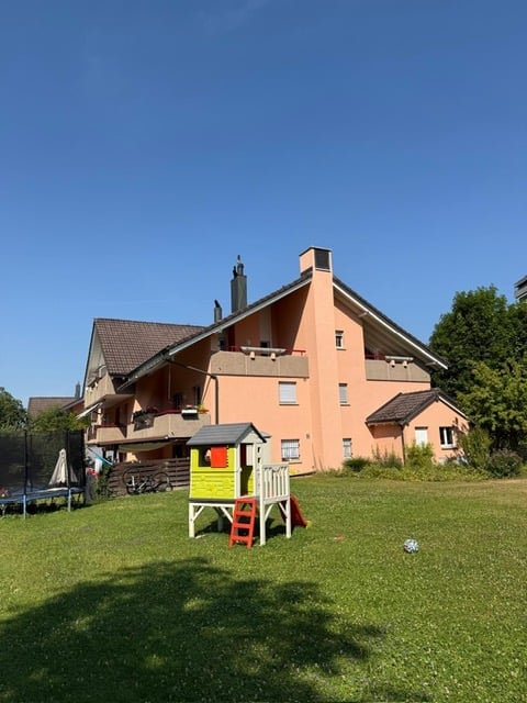 Two-story house with pink exterior, multiple windows, balconies, and a chimney. The front yard includes a children's play structure and a lawn.