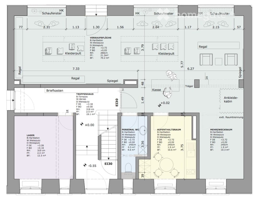 Floor plan of a commercial space with labeled areas including sales area, storage, personal WC, lounge, and multi-purpose room.
