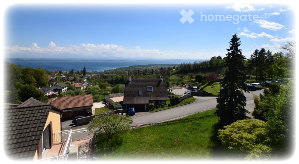 Aerial view of a residential area with houses, trees, and a scenic lake in the background.