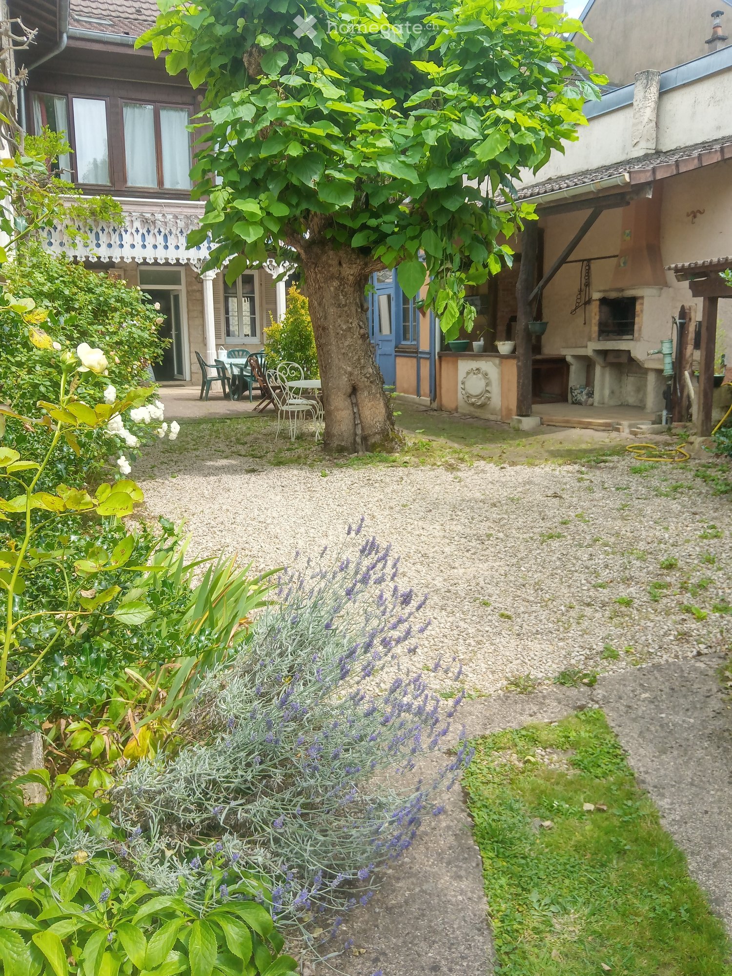 Garden area with a large tree, gravel pathway, outdoor seating, and a barbecue area. The garden includes various plants and flowers, and the house in the background has multiple windows and a porch.