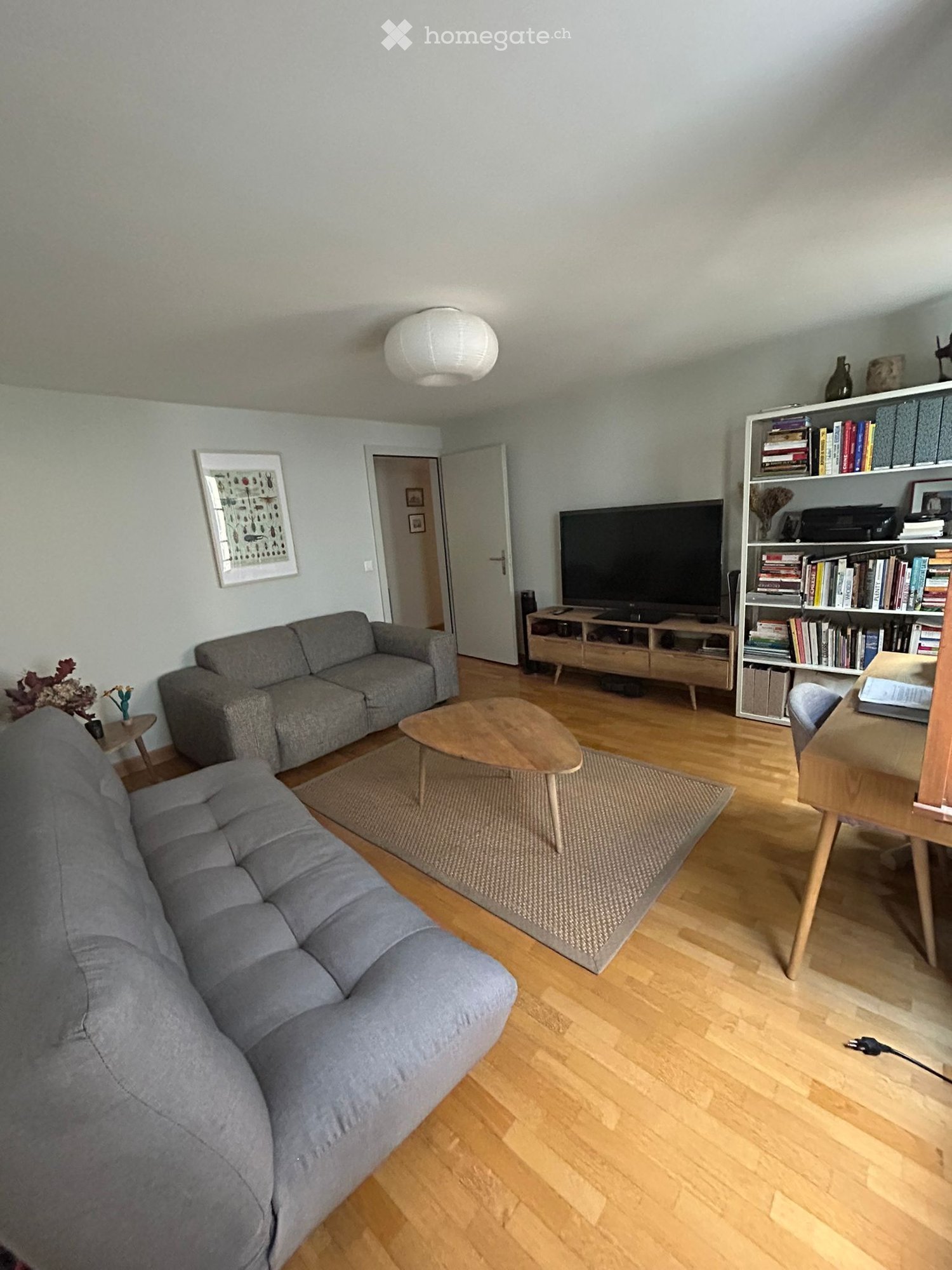 Living room with grey sofa, coffee table, bookshelf, and television. Wooden flooring and white walls.