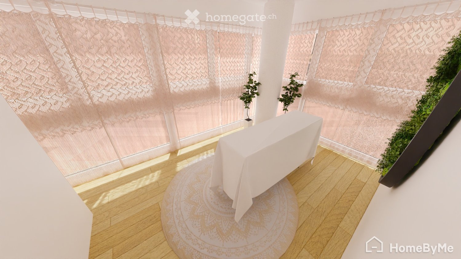 A modern, minimalistic room with wooden flooring, a white table covered with a cloth, a decorative round rug, and a vertical garden on the right side.