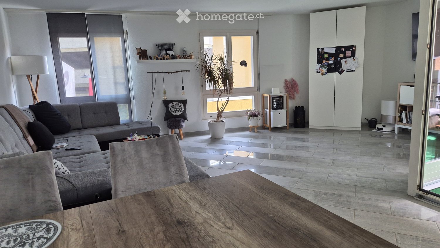 Modern living room with grey sectional sofa, wooden coffee table, floor lamp, potted plants, and white cabinetry.