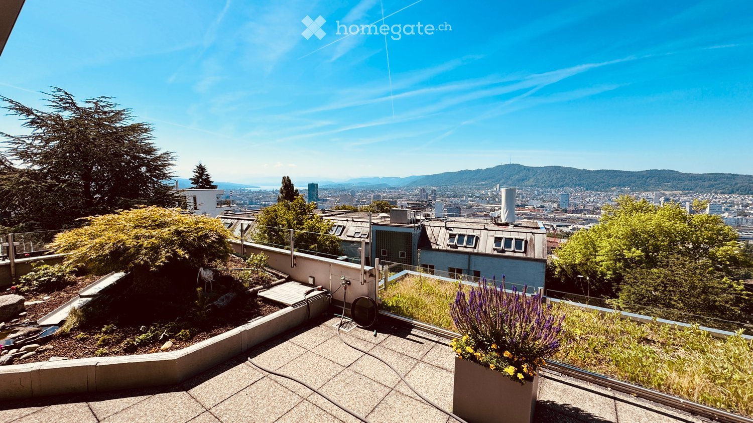 Rooftop terrace with a cityscape view, featuring a paved surface, greenery, and a planter with flowers.