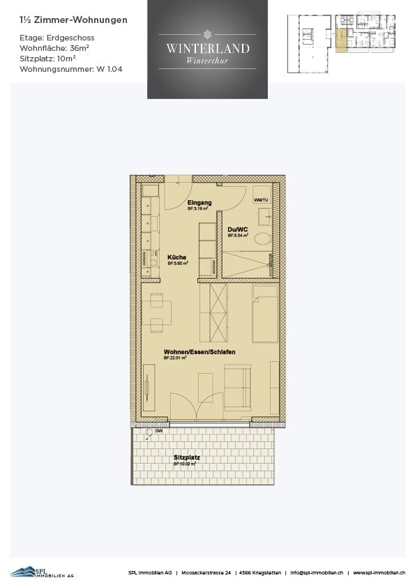 Floor plan of a 1.5-room apartment on the ground floor, featuring an entrance, kitchen, bathroom, living/dining area, and a seating area.