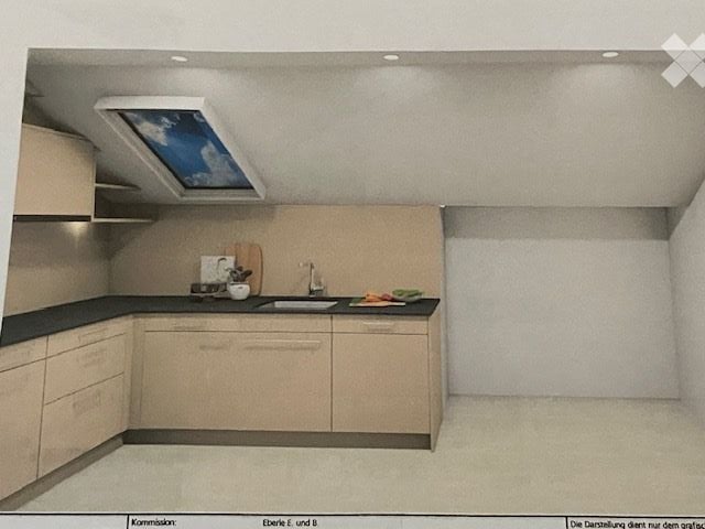Modern kitchen with light-colored cabinets, a central island, and a skylight above. Includes a sink, faucet, cutting board, bowl, and cup on the counter.