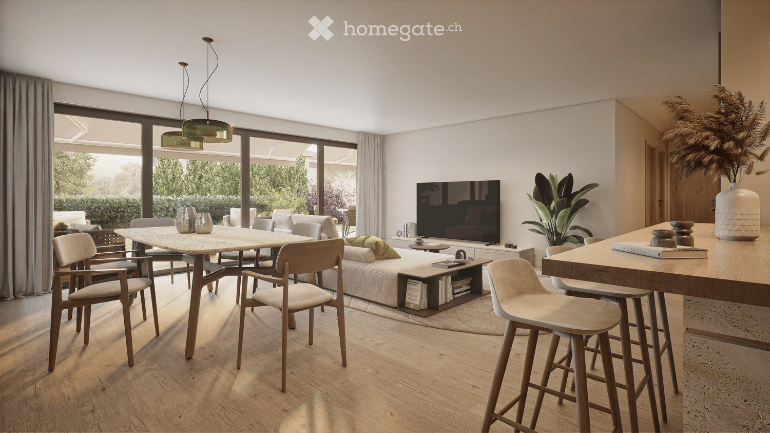 Modern living and dining area with a sofa, coffee table, dining table, chairs, stools, television, vase, plant, and book.