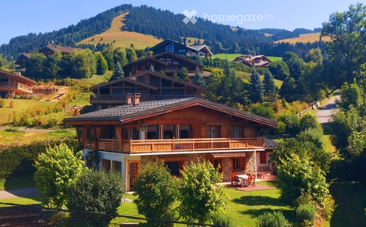 A large wooden house with a balcony and a stone lower level, surrounded by greenery and other houses in a scenic, hilly landscape.