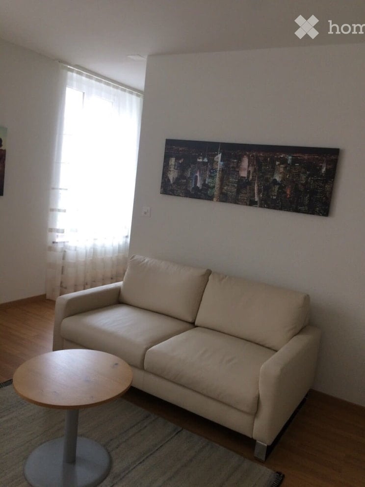 Living room with a light-colored sofa, a round wooden coffee table, and a large cityscape picture on the wall. Natural light streams in from a window with sheer curtains.