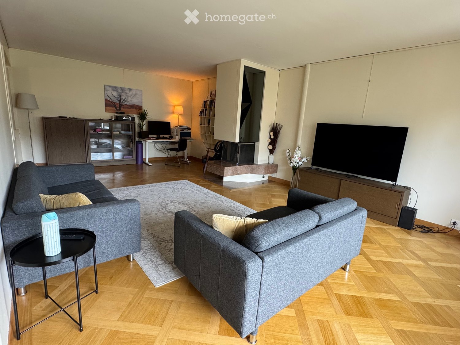 Modern living room with two grey sofas, a coffee table, a TV, a desk area with a computer, and a cabinet.