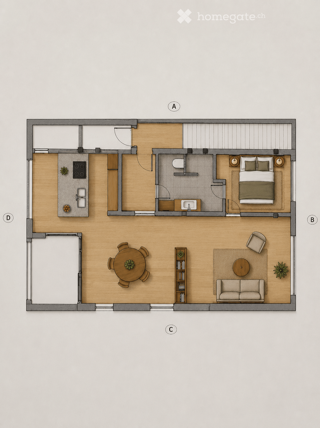 Floor plan of a 2-bedroom apartment with a living room, dining area, kitchen, and bathroom. Includes a bedroom, living room, dining area, kitchen, and bathroom.