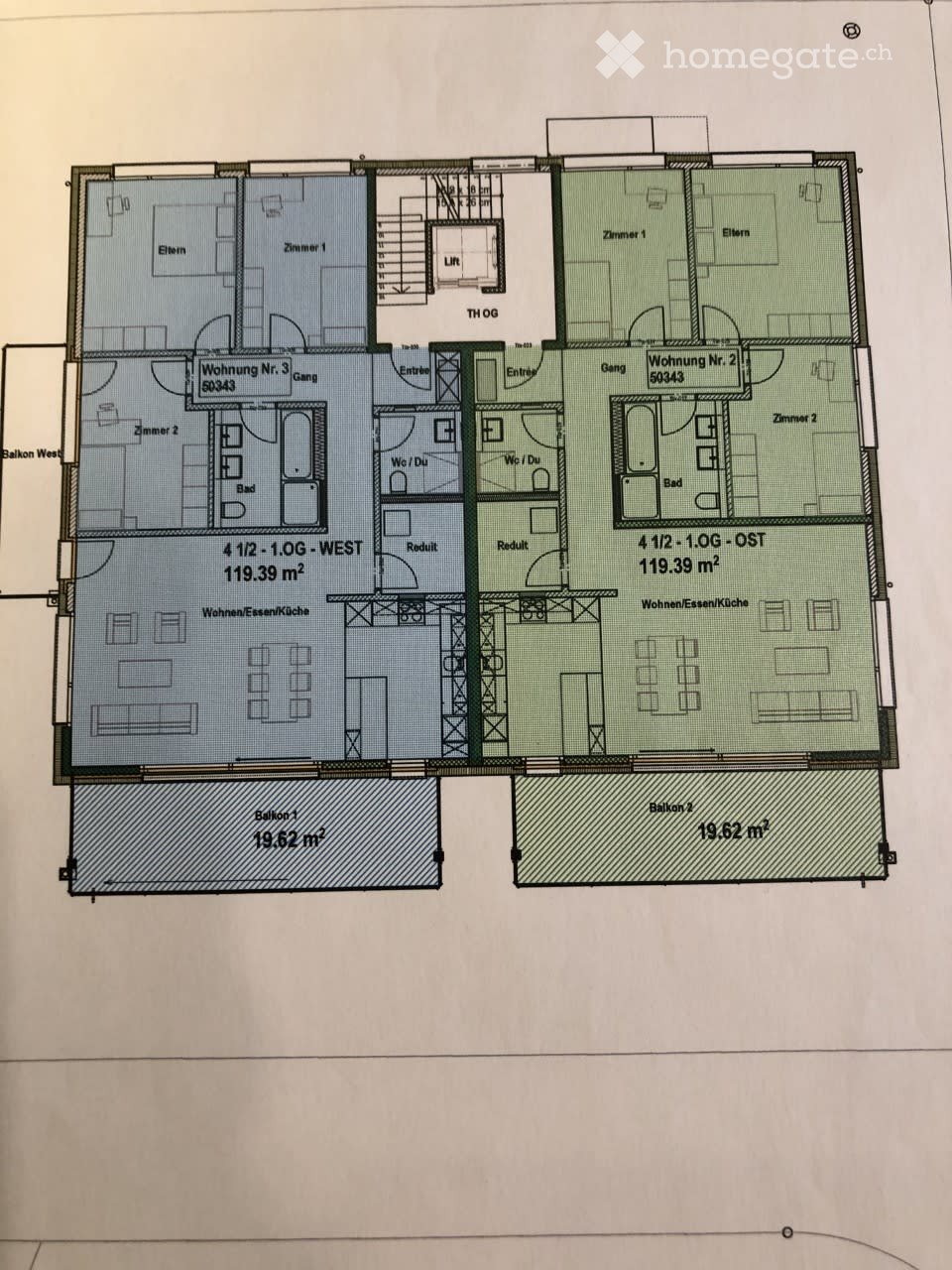 Floor plan of a two-story residential building with two apartments, each featuring living/dining/kitchen areas, bedrooms, bathrooms, and balconies.
