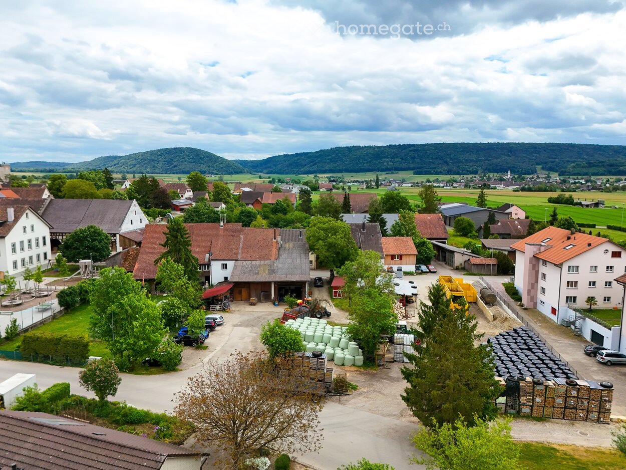 Aerial view of a rural village with scattered houses, barns, and agricultural structures, surrounded by green fields and trees.