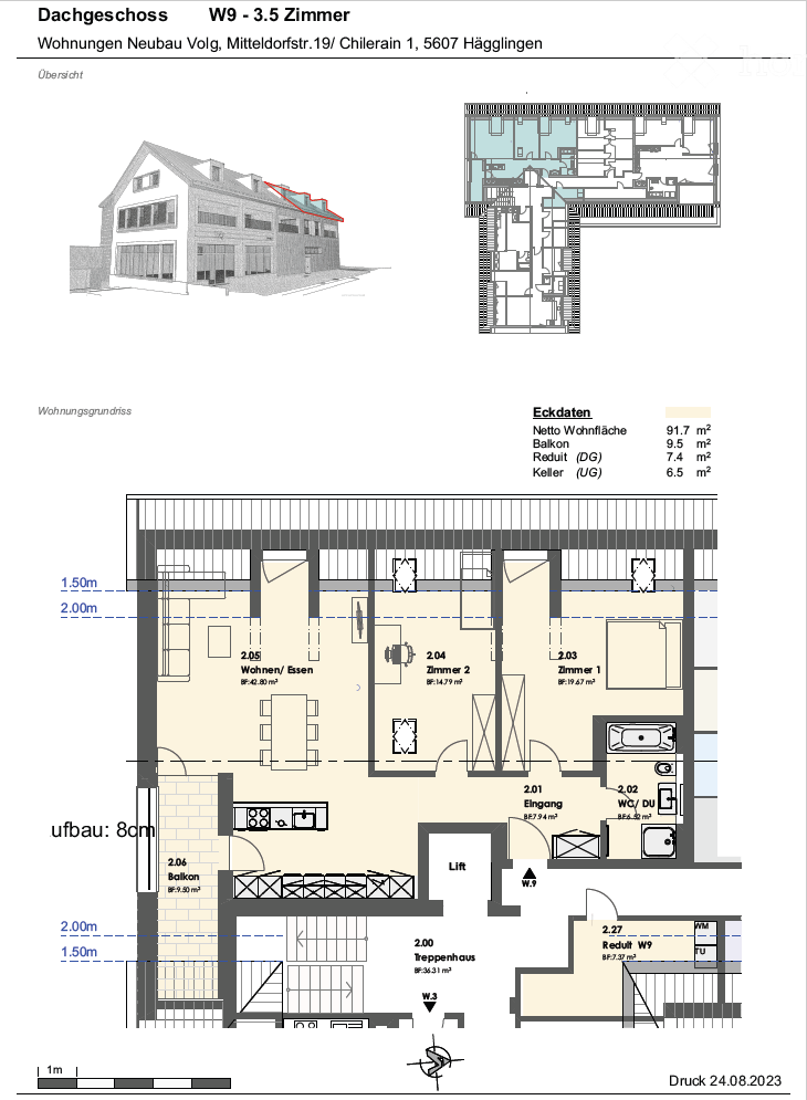 Floor plan of a 3.5-room apartment on the top floor, including living/dining area, two bedrooms, bathroom, and balcony.