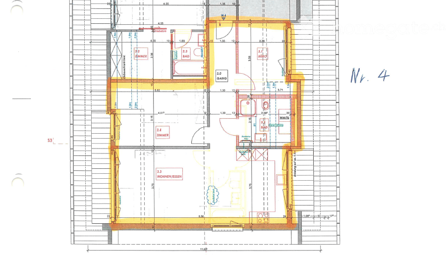 Floor plan of a multi-room residential space, including living room, dining room, bedrooms, bathrooms, and kitchen.