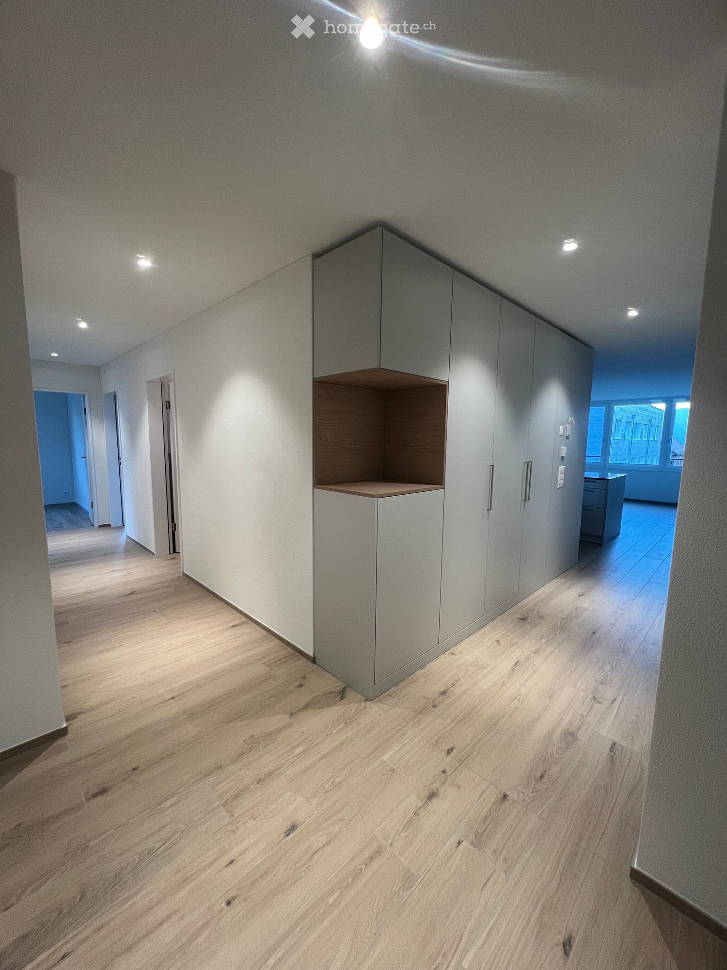 Modern hallway with light wooden flooring, white walls, built-in storage units, and recessed lighting.
