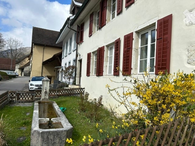 A quaint garden area in front of a traditional Swiss house with white walls and red shutters. Features a stone fountain, wooden fence, and yellow flowering shrubs.