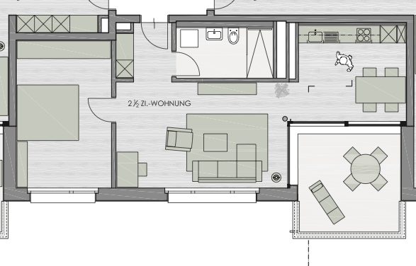 Floor plan of a 2.5-story apartment with multiple rooms including a living area, dining area, kitchen, bedrooms, and bathrooms.