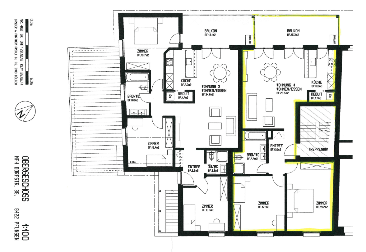 Floor plan of a multi-unit building with four apartments, each featuring a kitchen, living/dining area, bedrooms, bathrooms, and balconies.