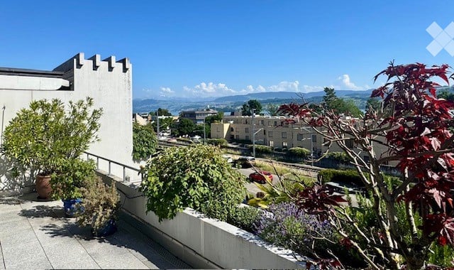 Balcony with a view of the city and mountains, decorated with potted plants and flowers.