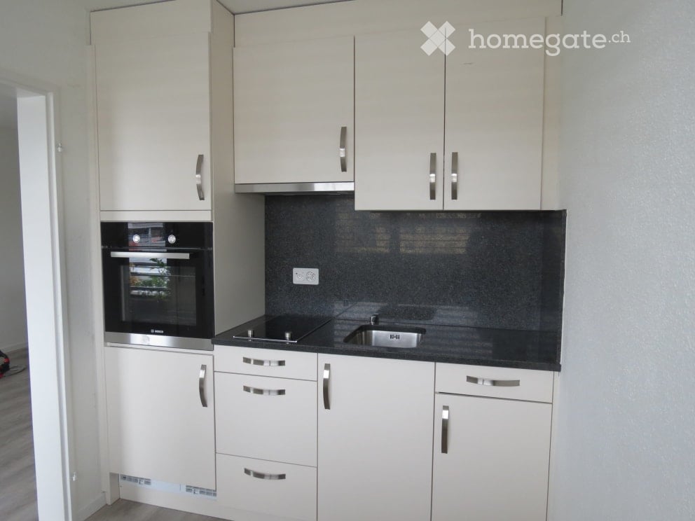 Modern kitchen with white cabinets, stainless steel oven, black countertop, and sink.