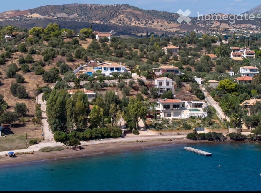 Aerial view of a coastal village with houses, trees, a swimming pool, and a beach.
