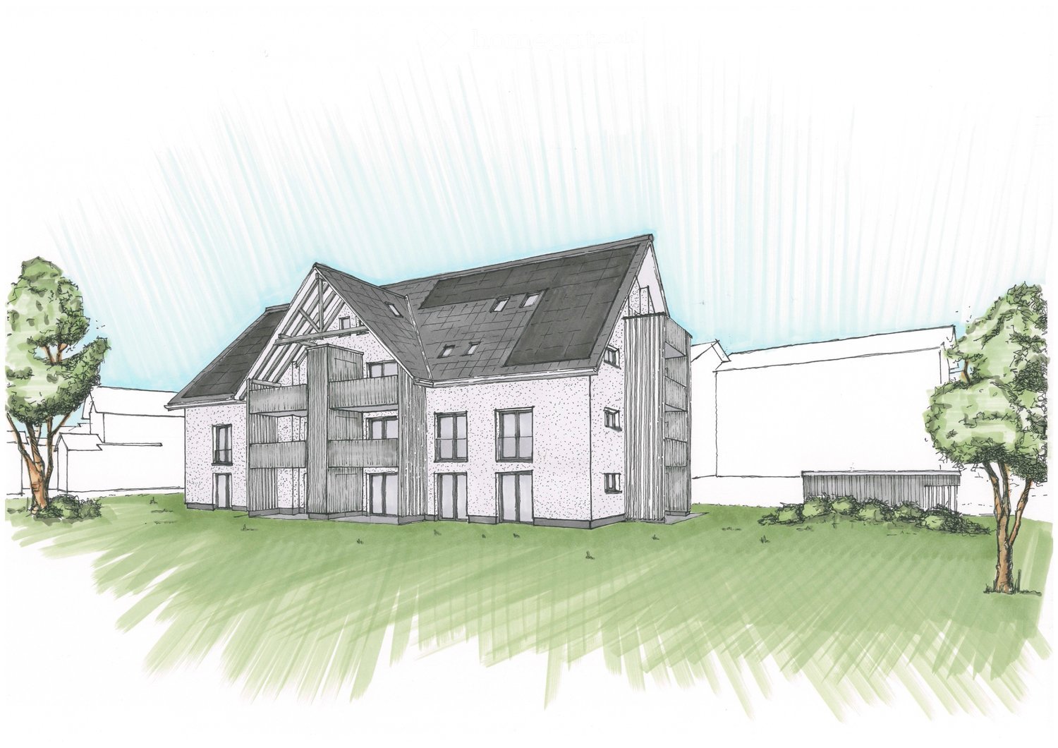 modern 3-story house, solar panels, white exterior, multiple balconies, large windows, green lawn