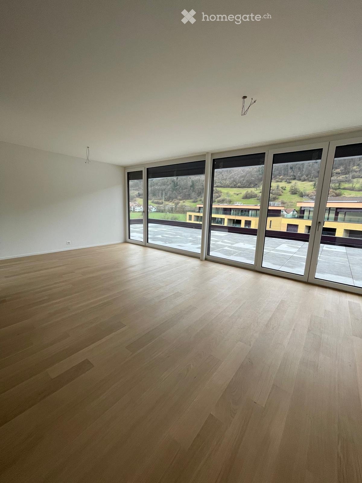 Empty room with light wooden flooring and large glass sliding doors leading to a balcony with a scenic view.