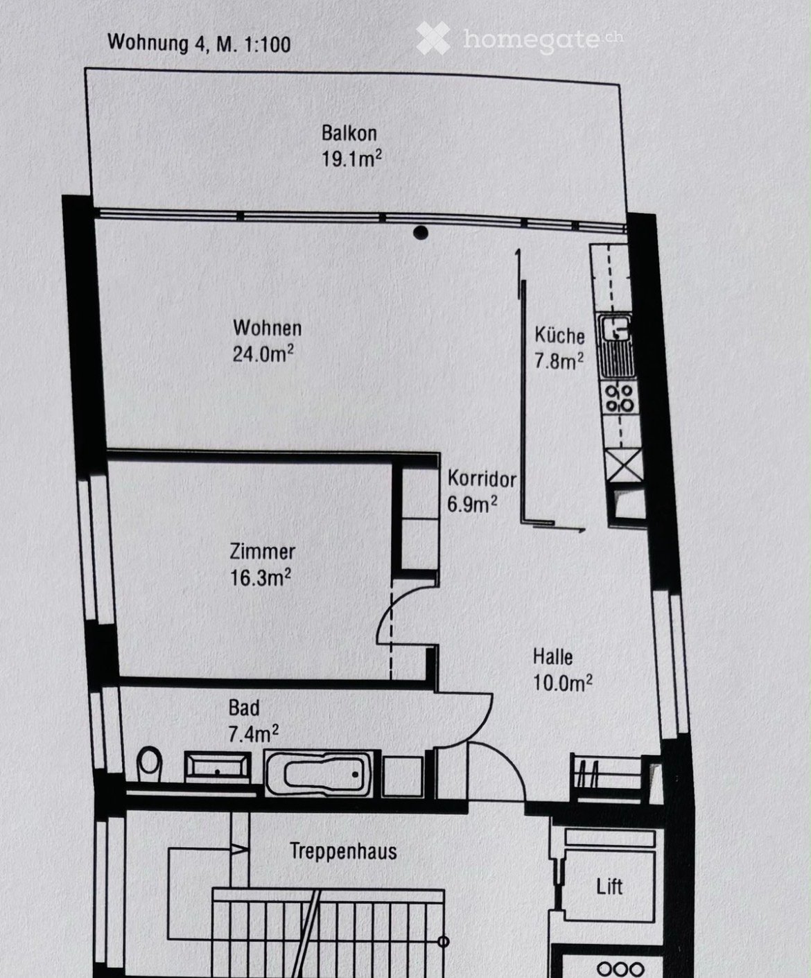 Floor plan of apartment number 4, showing living area, kitchen, bedroom, bathroom, hallway, balcony, staircase, and elevator.