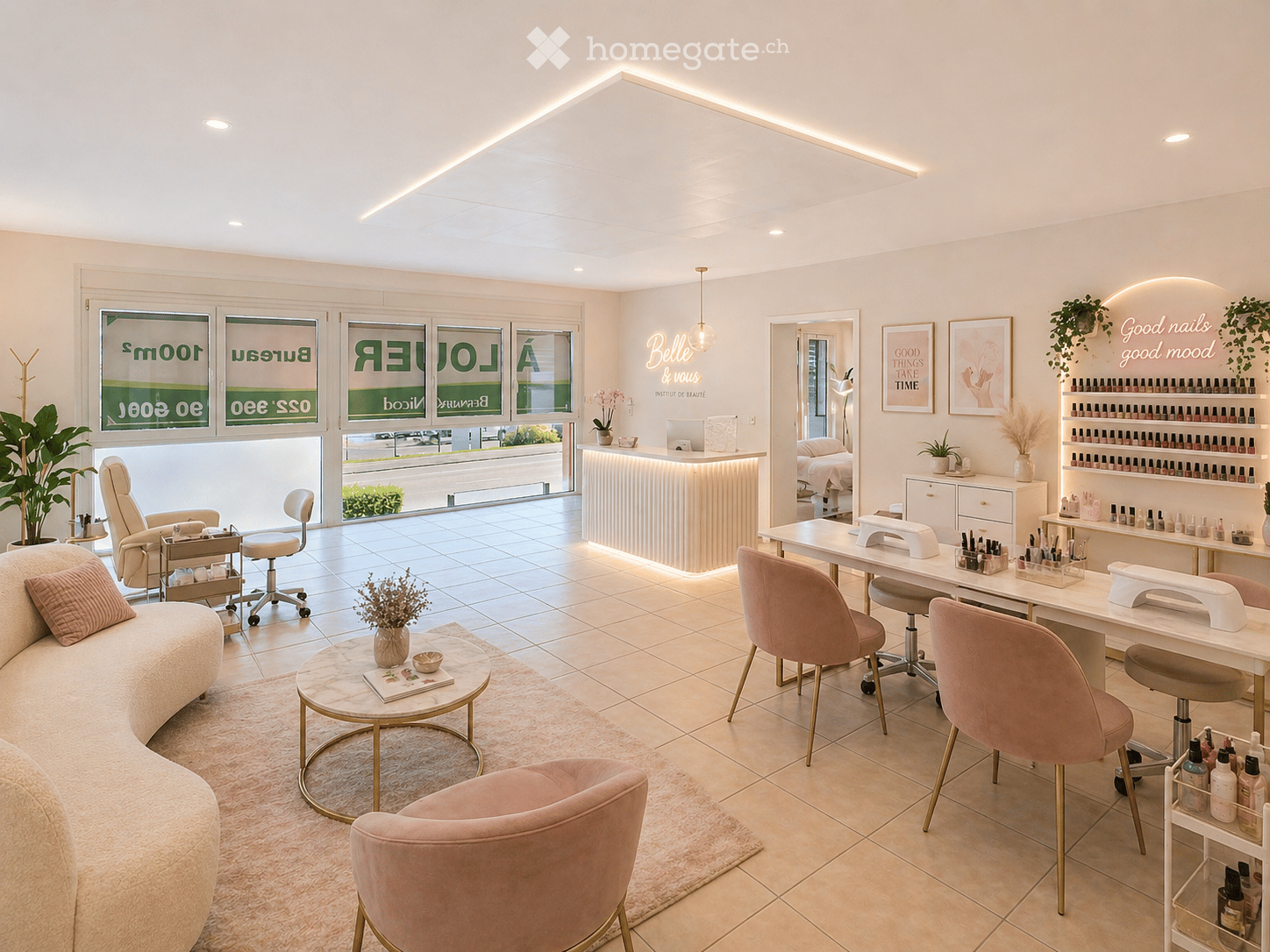 Modern, well-lit nail salon with a reception desk, multiple nail stations, comfortable seating area, and decorative elements like plants and artwork.