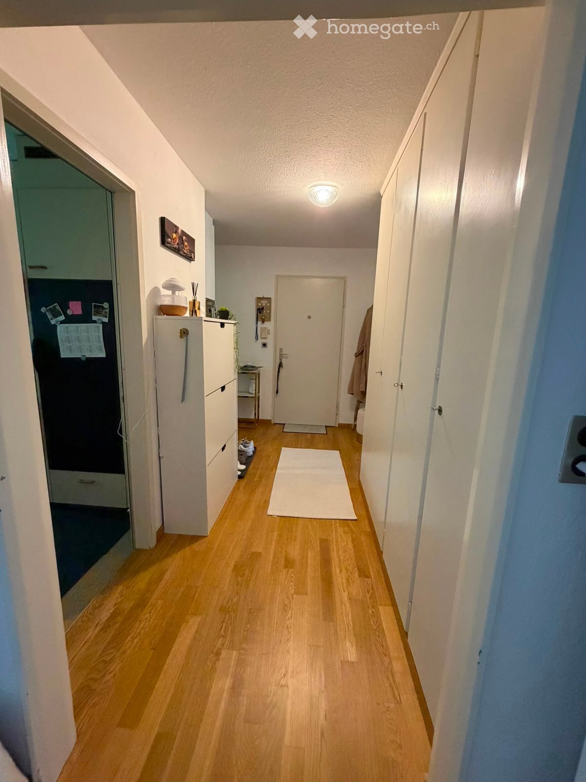 A narrow hallway with wooden flooring, white walls, and a ceiling light. A white rug is placed in the center, and a small cabinet with drawers is visible on the left side.