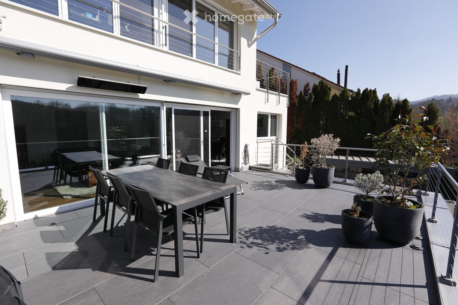 Dining table and chairs, metal railing, several potted plants, glass wall, black table
