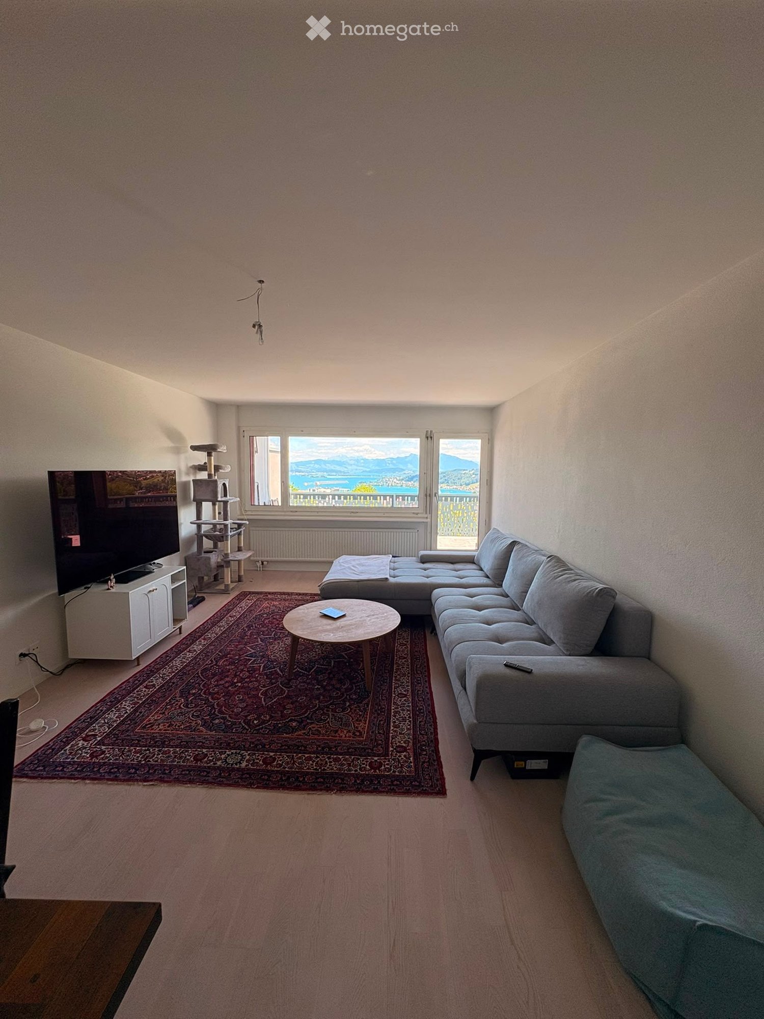 Living room with a grey sectional sofa, wooden coffee table, cat tree, TV stand, and a large window offering a scenic view.
