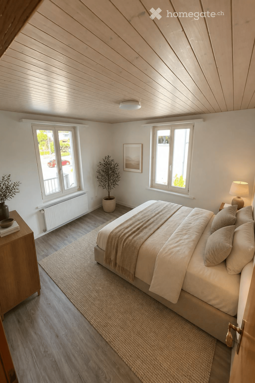 Modern bedroom with wooden slanted ceiling, large windows, bed with beige bedding, nightstand with lamp, potted plant, and picture frame on wall.