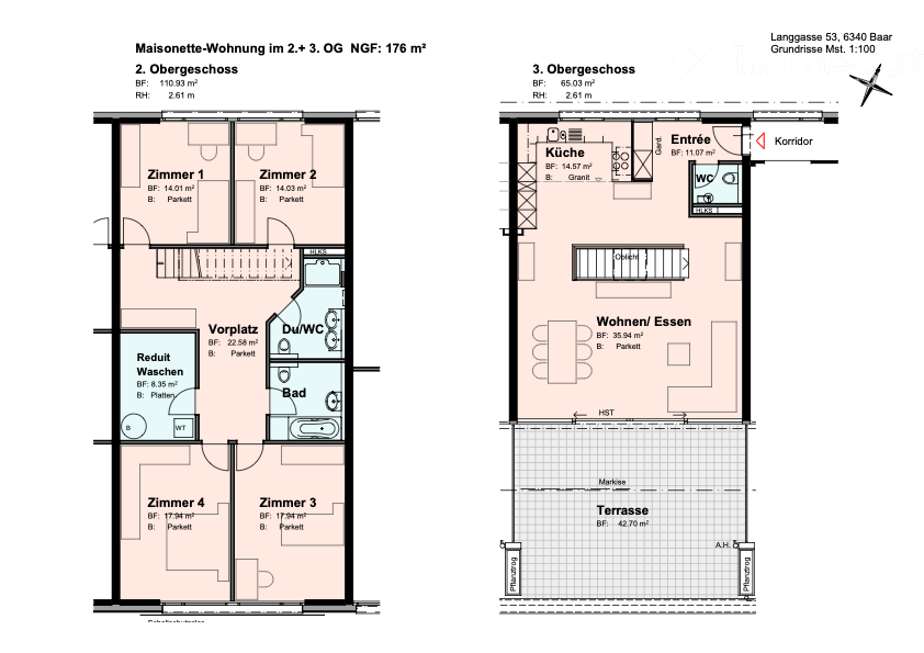 Floor plan of a 2+3 story maisonette apartment with 176 m² total area. Includes 2 bedrooms, 2 bathrooms, kitchen, living/dining area, hallway, and terrace.