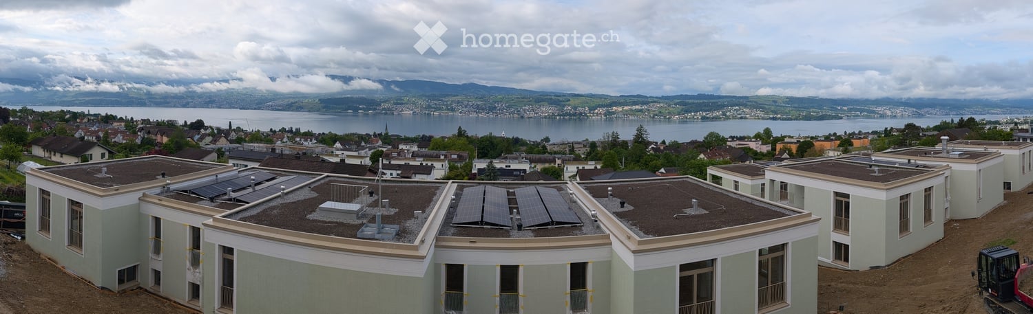 A row of modern, light-colored residential buildings with flat roofs, some featuring solar panels, situated in a suburban area with a scenic lake and distant mountains in the background.
