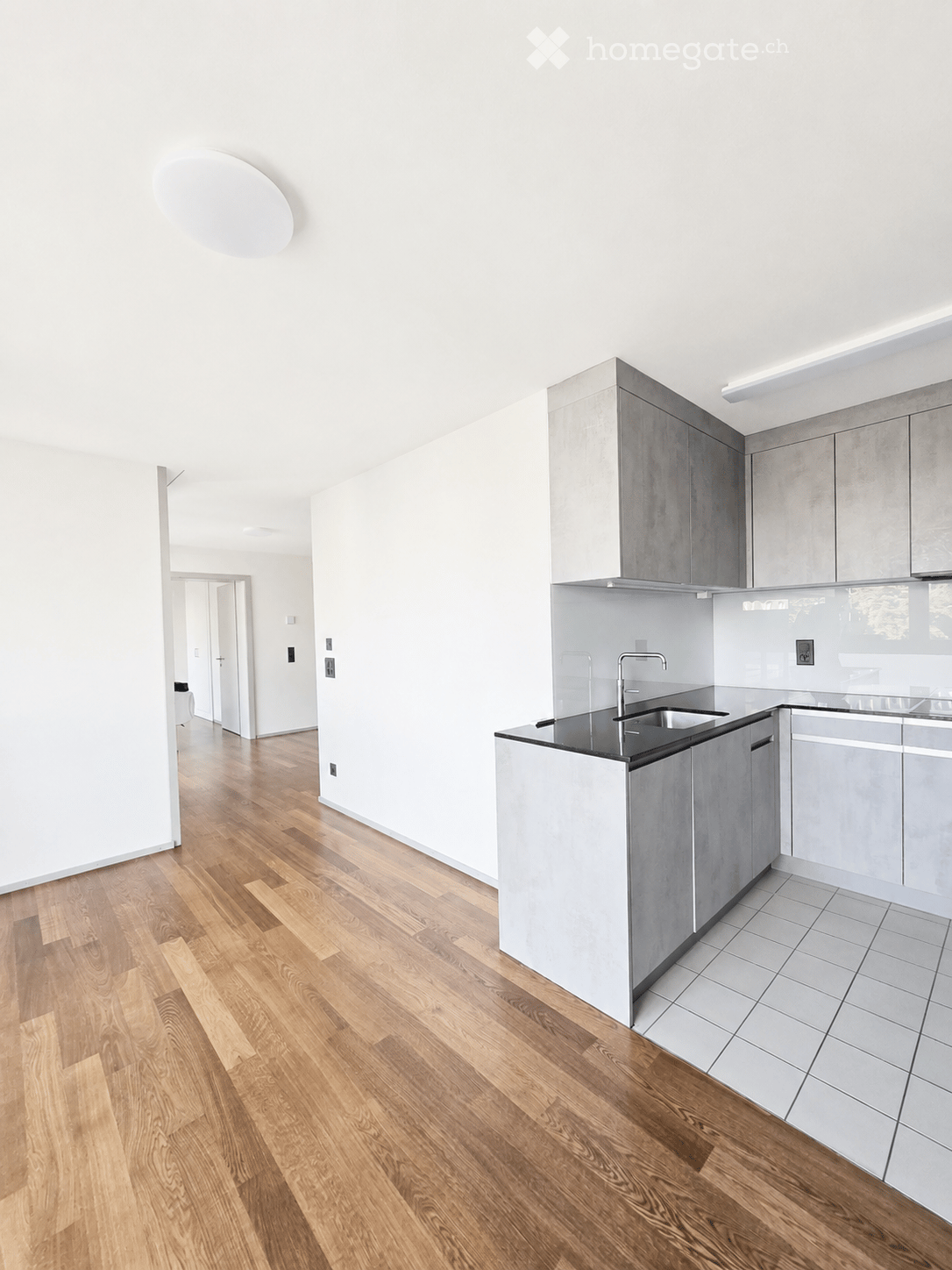 Modern kitchen with grey cabinets, black countertop, and wooden flooring.