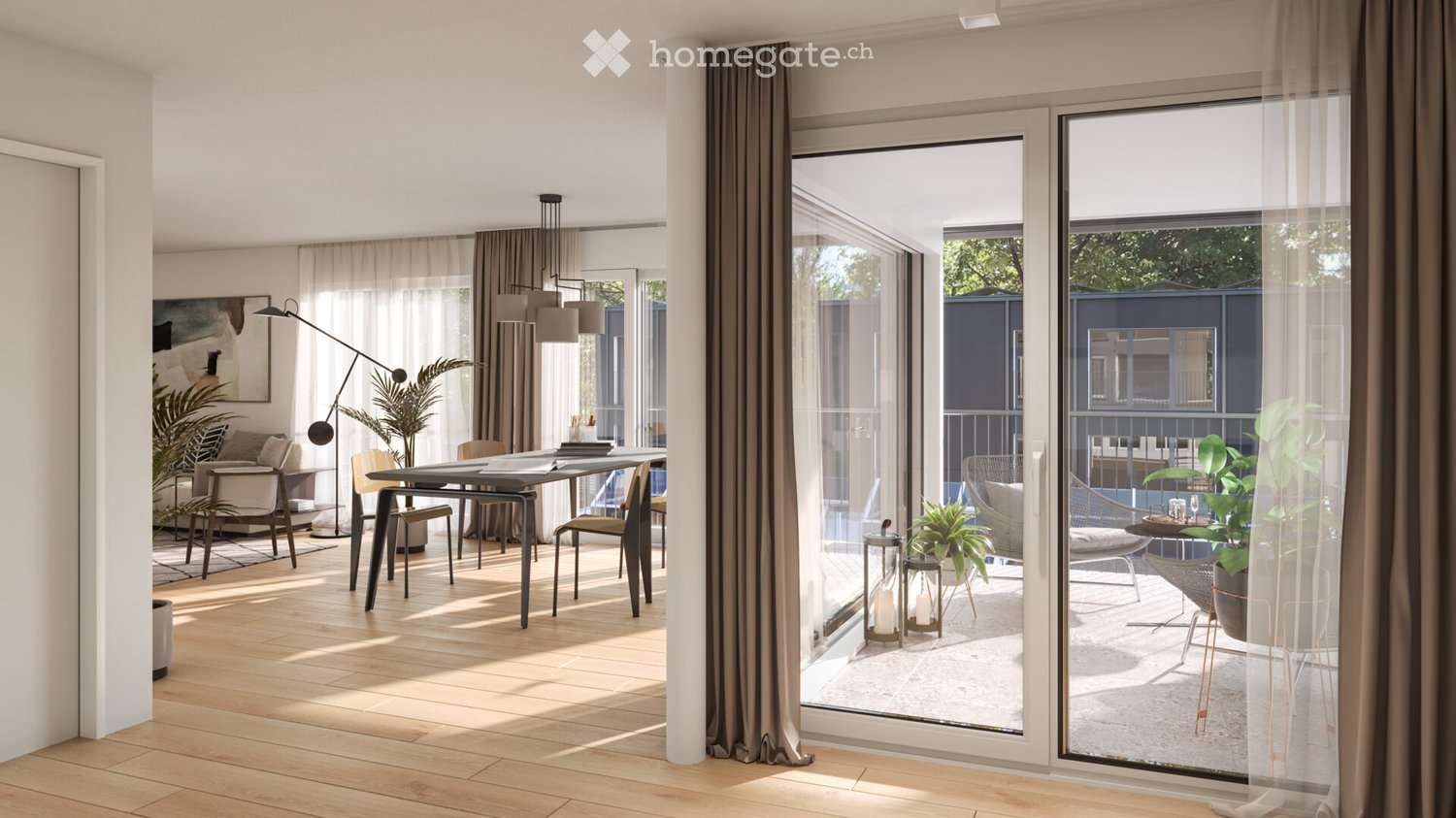 Bright living and dining area with wooden flooring, large windows, and a balcony. Features a sofa, dining table, chairs, floor lamp, and plants.