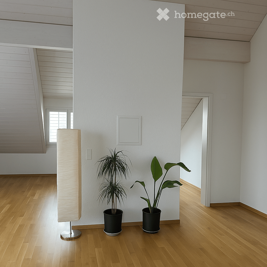 Bright, minimalist room with wooden flooring, white walls, and a large window. Features a floor lamp and two potted plants.