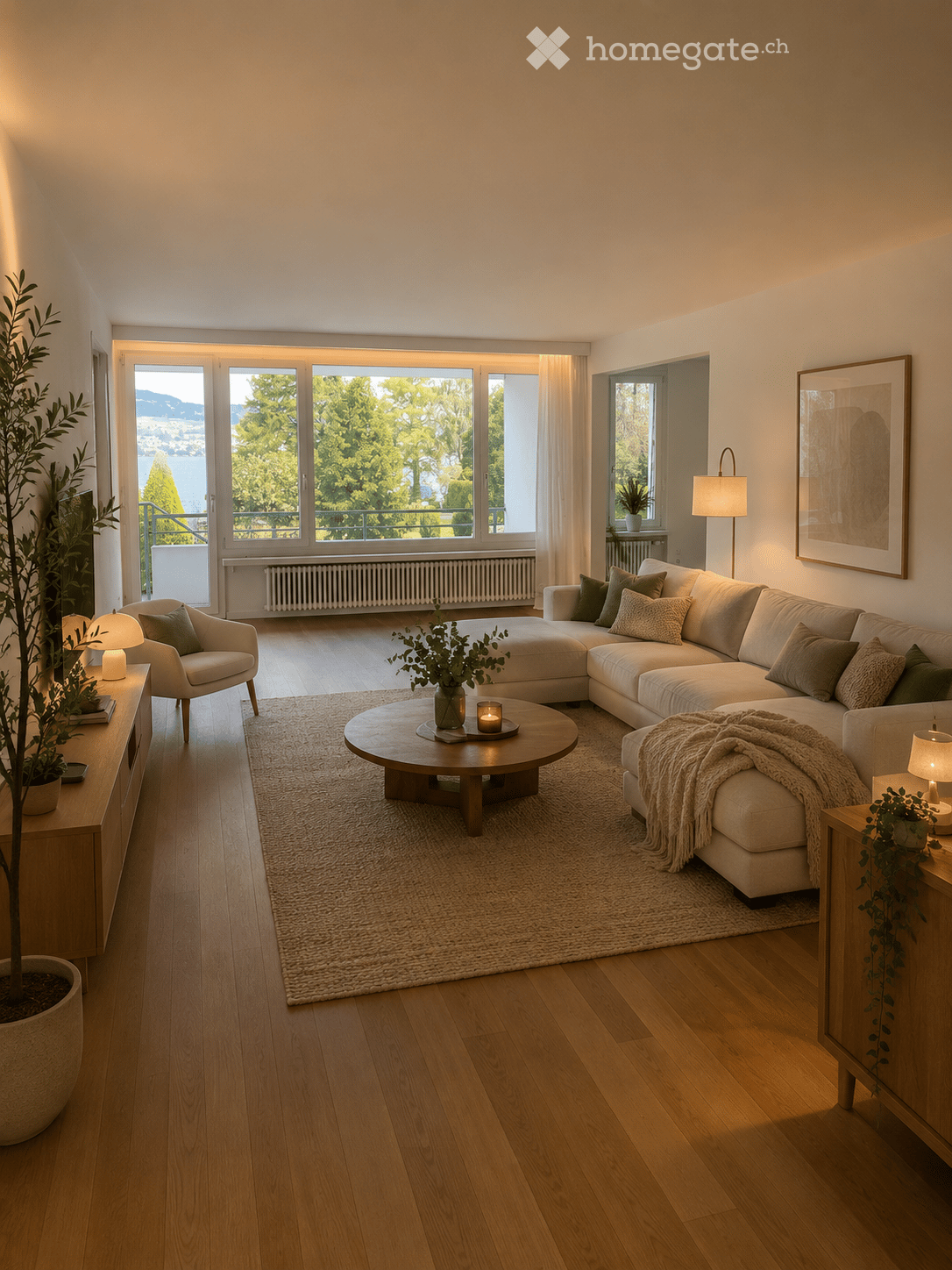 Modern living room with large windows offering a scenic view, featuring a sectional sofa, coffee table, armchair, floor lamp, and decorative plants.