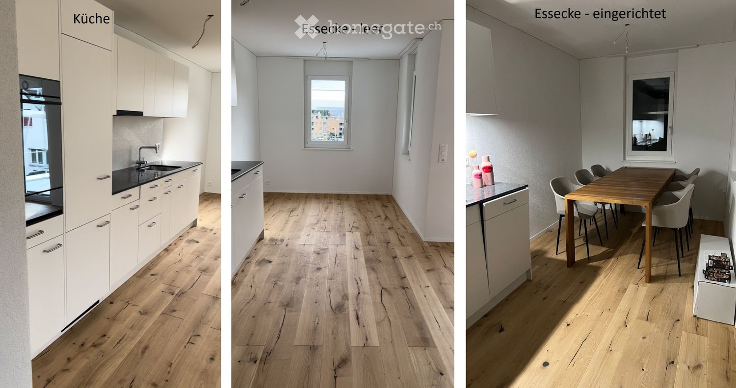 The images show a well-equipped kitchen, a vacant room with a window, and an equipped dining area with a table, chairs, and a counter.